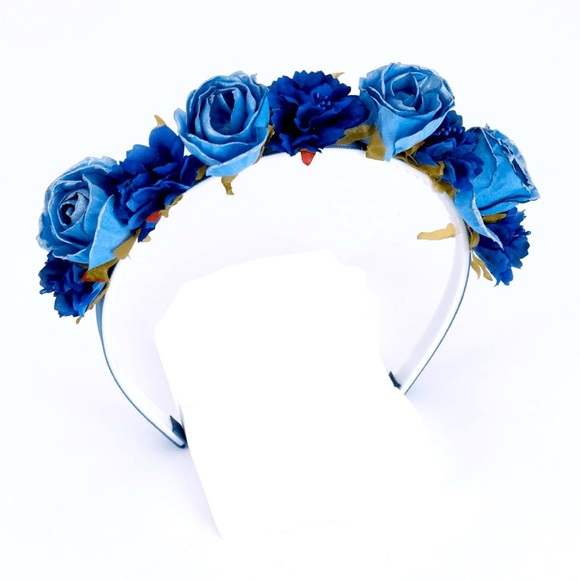 BLUE FAUX ROSE FLOWER FAIRY HEADBAND CORPSE BRIDE FAIRY HALLOWEEN - Picture 1 of 2